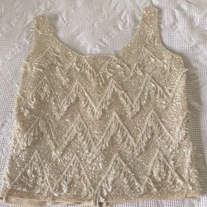 1960s Sleeveless Beaded Sweater Blouse Ivory Knit Vintage Top Wedding 60s